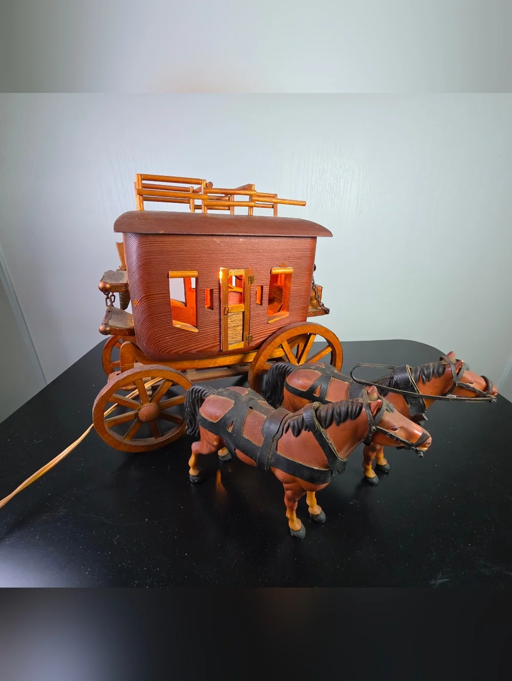 Wooden Stagecoach and Pair of Horses - Brown and Black